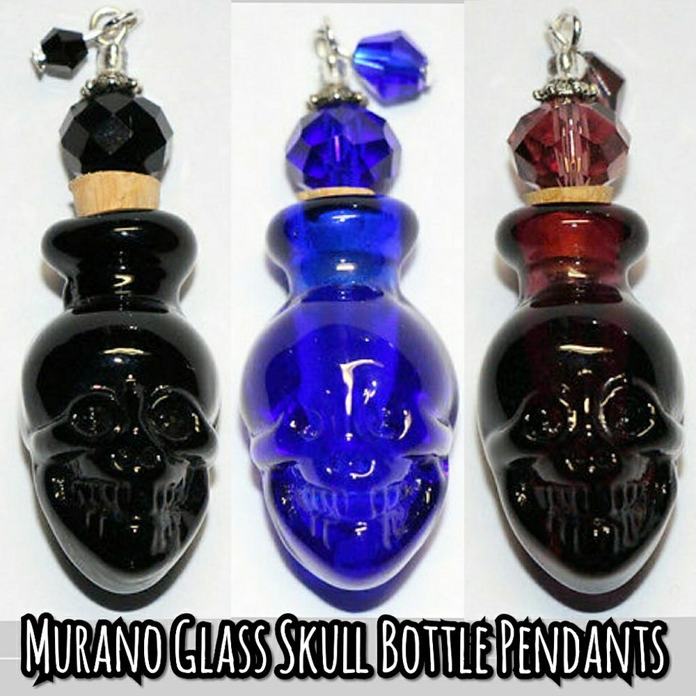 3 Murano Glass Skull Bottle Pendants +3 Necklaces